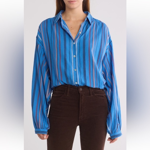 MOTHER The Get Down Button-Up Shirt in Blue Multi Stripe Women’s Size XL NWT - Picture 1 of 11